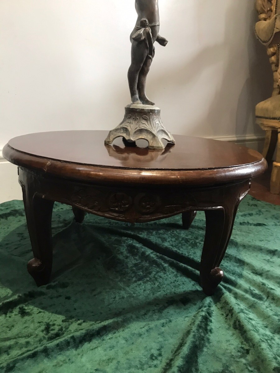 Vintage Circular Lowline Ornate Floral Carved Table On Cabriole Legs