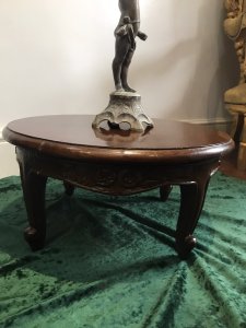 Supported By Four Cabriole Style Legs. Circular Top With Floral Carving On Under Edge. Very Unusual Low Height Make Us Believe It’s A Unique Little Coffee Table Or Display Table. Craftsman Made Piece Stunning Quality Table.