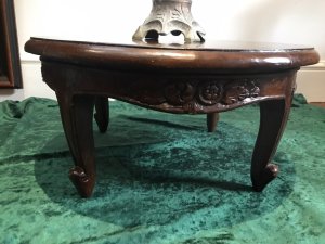Supported By Four Cabriole Style Legs. Circular Top With Floral Carving On Under Edge. Very Unusual Low Height Make Us Believe It’s A Unique Little Coffee Table Or Display Table. Craftsman Made Piece Stunning Quality Table.