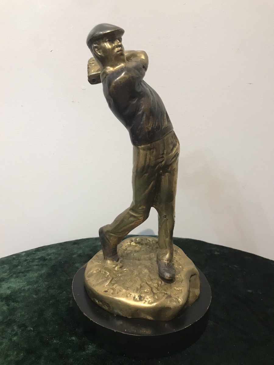 Primary image for Bronze Statue Of A Golfer On Wooden Plinth