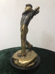 Bronze Statue Of A Golfer On Wooden Plinth Original Bronze Male Golfing Statue/ Figurine Set On Rounded Wooden Plinth Base Lovely Golf Swing Pose Shows Lots Of Movement Stunning Patination And Colour With Great Detail A Very Collectable Golfers Piece Lovely Condition Please Note Part Of The Golf Club Is Missing Die To The Age Of The Piece This Is A Antique Bronze Statue Dimensions In Inches Height 11” Width 5”