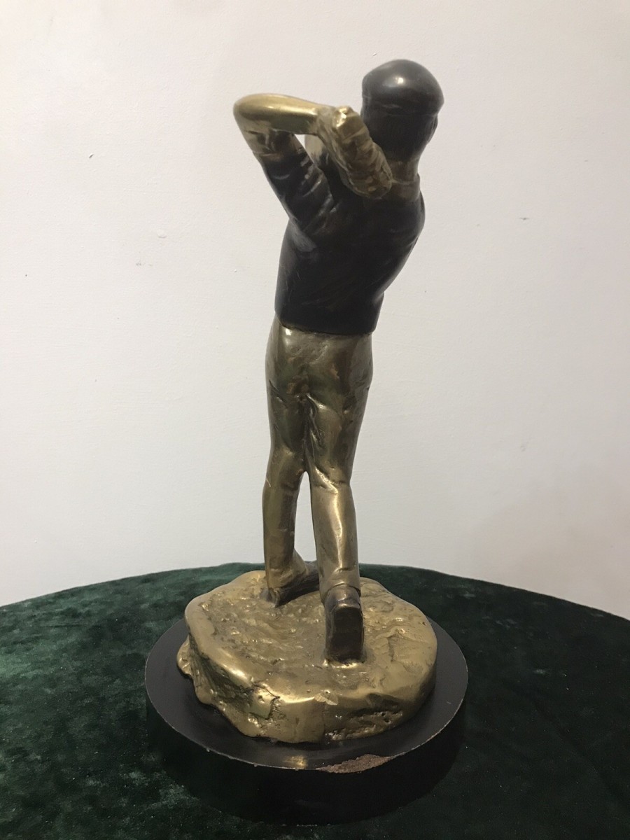 Bronze Statue Of A Golfer On Wooden Plinth