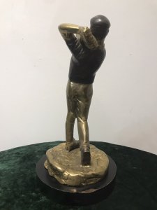 Bronze Statue Of A Golfer On Wooden Plinth Original Bronze Male Golfing Statue/ Figurine Set On Rounded Wooden Plinth Base Lovely Golf Swing Pose Shows Lots Of Movement Stunning Patination And Colour With Great Detail A Very Collectable Golfers Piece Lovely Condition Please Note Part Of The Golf Club Is Missing Die To The Age Of The Piece This Is A Antique Bronze Statue Dimensions In Inches Height 11” Width 5”