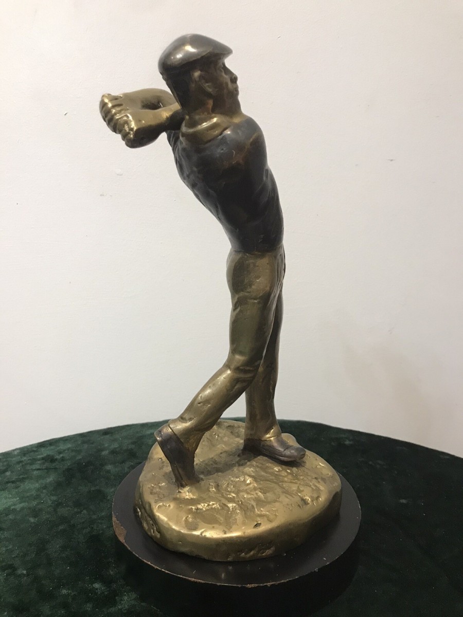 Bronze Statue Of A Golfer On Wooden Plinth