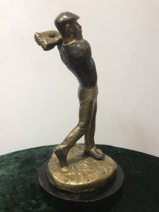 Bronze Statue Of A Golfer On Wooden Plinth Original Bronze Male Golfing Statue/ Figurine Set On Rounded Wooden Plinth Base Lovely Golf Swing Pose Shows Lots Of Movement Stunning Patination And Colour With Great Detail A Very Collectable Golfers Piece Lovely Condition Please Note Part Of The Golf Club Is Missing Die To The Age Of The Piece This Is A Antique Bronze Statue Dimensions In Inches Height 11” Width 5”