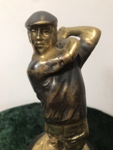 Bronze Statue Of A Golfer On Wooden Plinth Original Bronze Male Golfing Statue/ Figurine Set On Rounded Wooden Plinth Base Lovely Golf Swing Pose Shows Lots Of Movement Stunning Patination And Colour With Great Detail A Very Collectable Golfers Piece Lovely Condition Please Note Part Of The Golf Club Is Missing Die To The Age Of The Piece This Is A Antique Bronze Statue Dimensions In Inches Height 11” Width 5”