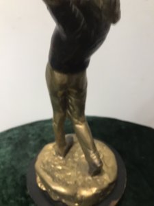 Bronze Statue Of A Golfer On Wooden Plinth Original Bronze Male Golfing Statue/ Figurine Set On Rounded Wooden Plinth Base Lovely Golf Swing Pose Shows Lots Of Movement Stunning Patination And Colour With Great Detail A Very Collectable Golfers Piece Lovely Condition Please Note Part Of The Golf Club Is Missing Die To The Age Of The Piece This Is A Antique Bronze Statue Dimensions In Inches Height 11” Width 5”