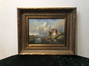 Original Oil Painting Coastal Boating Scene By Artist J Elliot Sail Boat And Inflatable Boat With 5 Figures Detailed House In The Foreground And Windmill In The Landscape Background Stunning Perspective With Great Detail Beautifully Painted Thought To Be Somewhere In Norfolk Oil On Board Set In Gilt Frame Signed By Artist J Elliot Dimensions In Inches Height 20” Width 24”