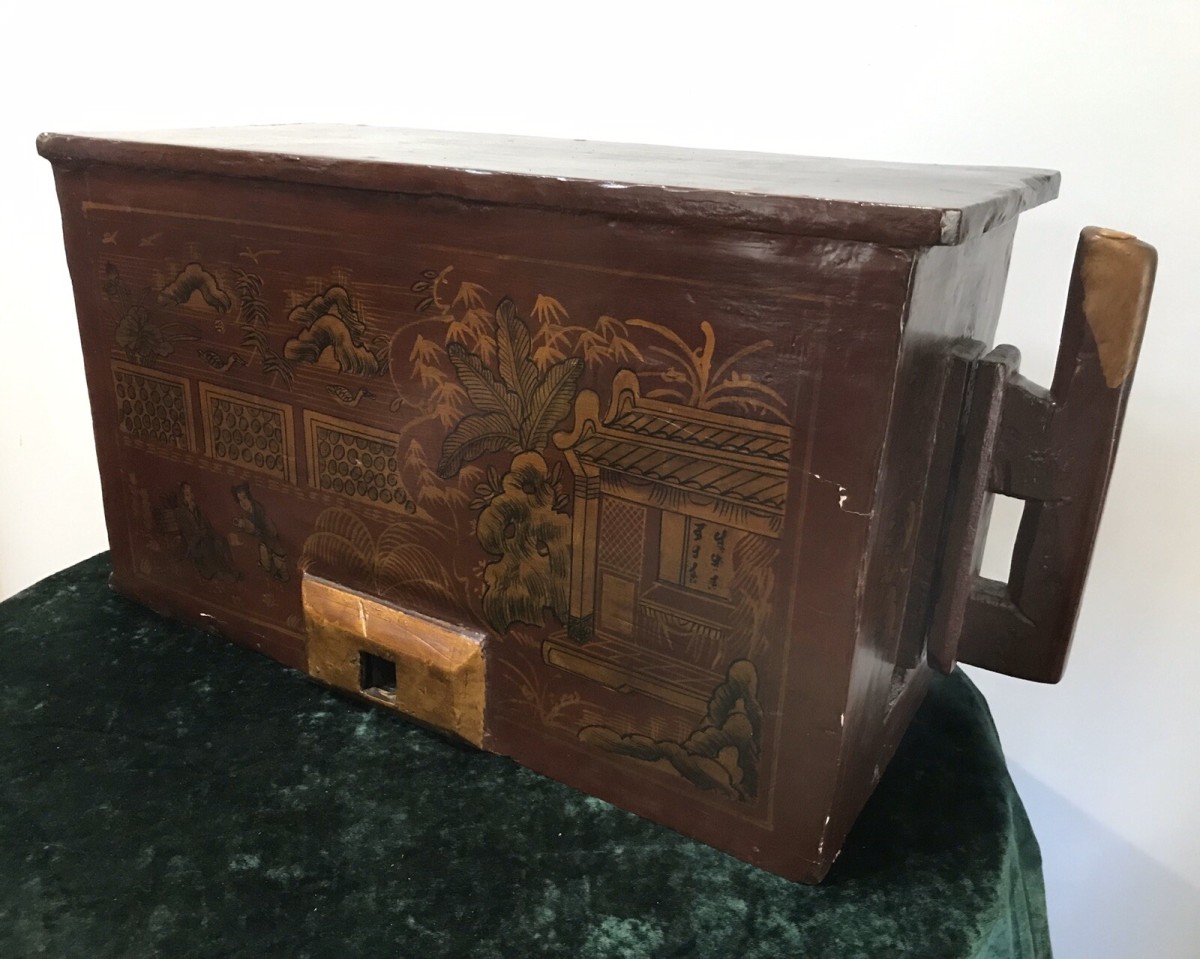 Rare Antique Chinese Bellows In Original Hand Painted Red Lacquer Case