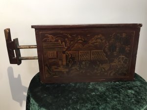 Rare Antique Chinese Bellows In Original Hand Painted Red Lacquer Case Original Oil Paintings Of Geisha Girls Outside Of Chinese Buildings Wonderful Trees And Flowers In The Landscape Intricate Scenes Painted All Around The Bellows Cabinet Fine Quality Artwork Pull Handle Pushed in and Out Creates The Wind To Rush Out The Cabinet To Enhance Flames In The Fire Museum Grade Collectors Item Circa 1890 Provenance- Purchased From Stately Home In Shropshire Please Note This Antique Bellows Has Signs Of Wear Due To Use And Age Dimensions In Inches Height 14” Width 24” Depth 9.5”