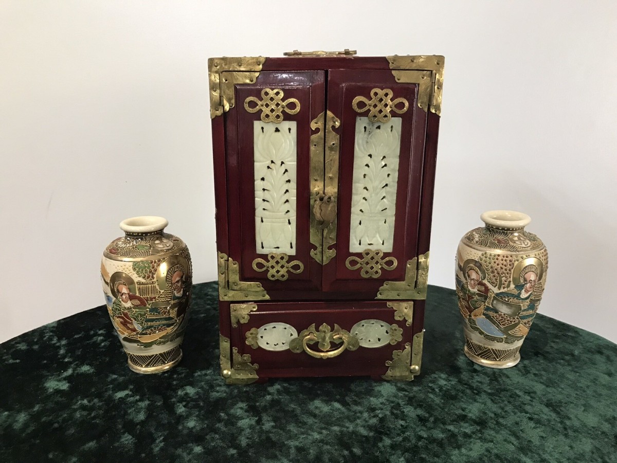 Primary image for Vintage Oriental Brass Bound Jade Panelled Jewellrey Casket
