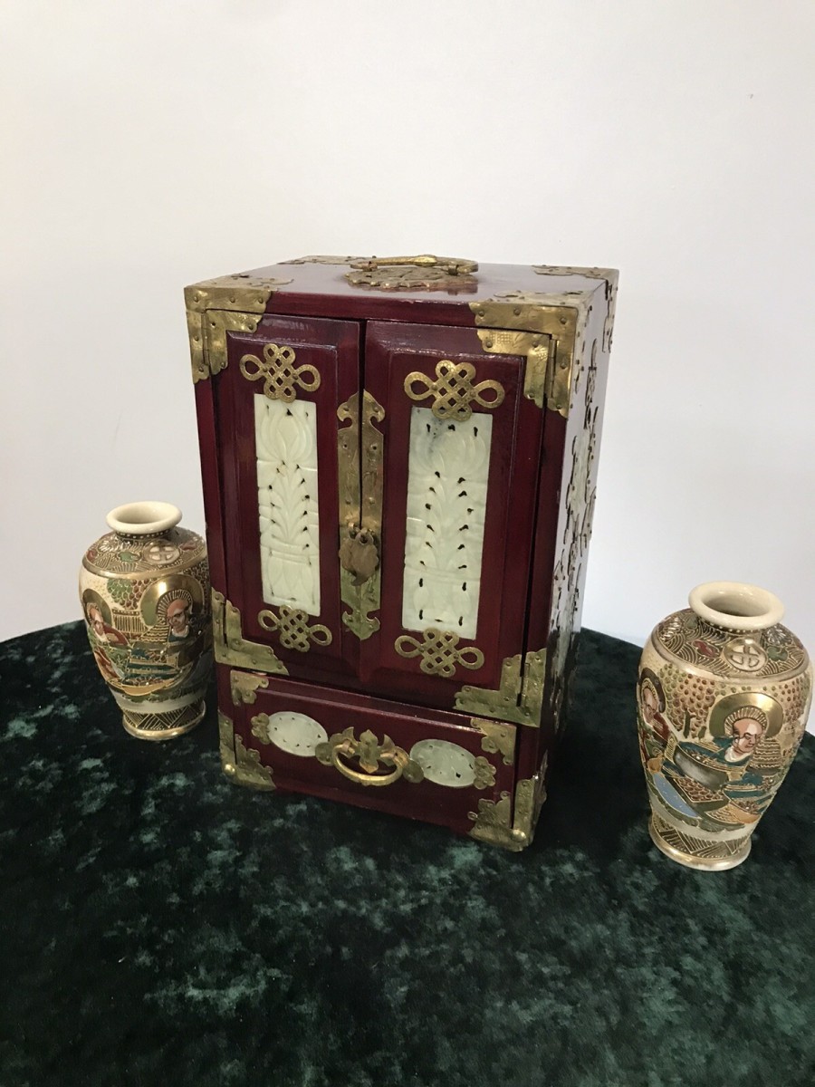 Vintage Oriental Brass Bound Jade Panelled Jewellrey Casket