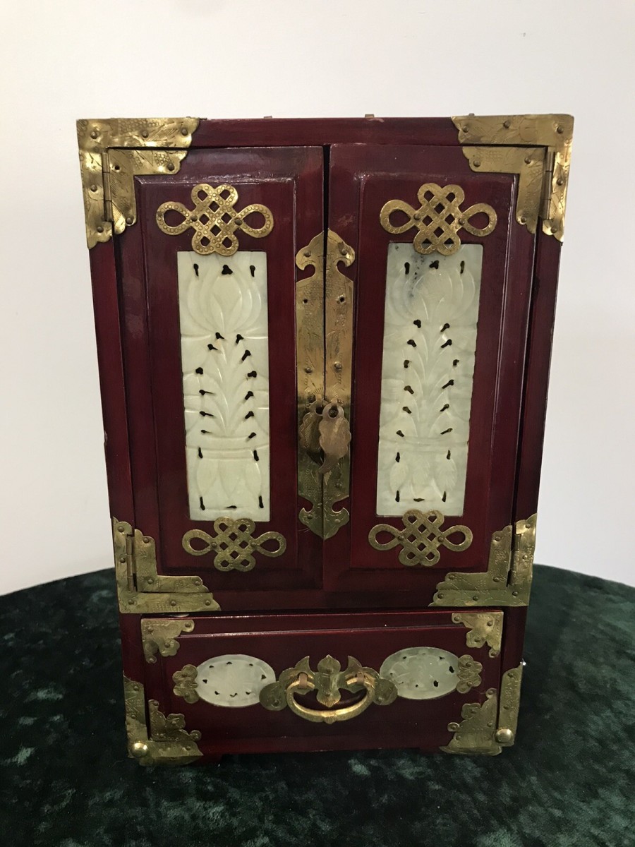 Vintage Oriental Brass Bound Jade Panelled Jewellrey Casket