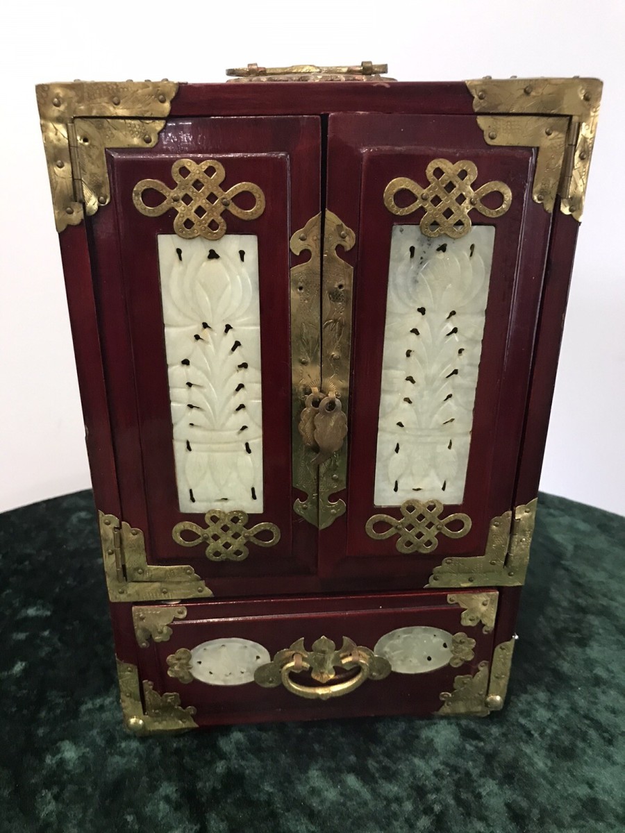Vintage Oriental Brass Bound Jade Panelled Jewellrey Casket
