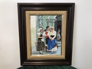 Original Contemporary Spanish Wedding Party Oil On Board Painting Signed By Artist AIXADO Spanish Bride In The Church Doorway With Three Guests Outside The Church In Traditional Clothing Bright Hues And Lovely Detail Mahogany Hardwood Frame With Velvet Boarder Signed Front And Back By The Artist Dimensions In Inches Height 21” Width 17.5” Frame Depth 1.5”