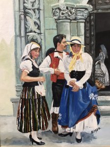 Original Contemporary Spanish Wedding Party Oil On Board Painting Signed By Artist AIXADO Spanish Bride In The Church Doorway With Three Guests Outside The Church In Traditional Clothing Bright Hues And Lovely Detail Mahogany Hardwood Frame With Velvet Boarder Signed Front And Back By The Artist Dimensions In Inches Height 21” Width 17.5” Frame Depth 1.5”