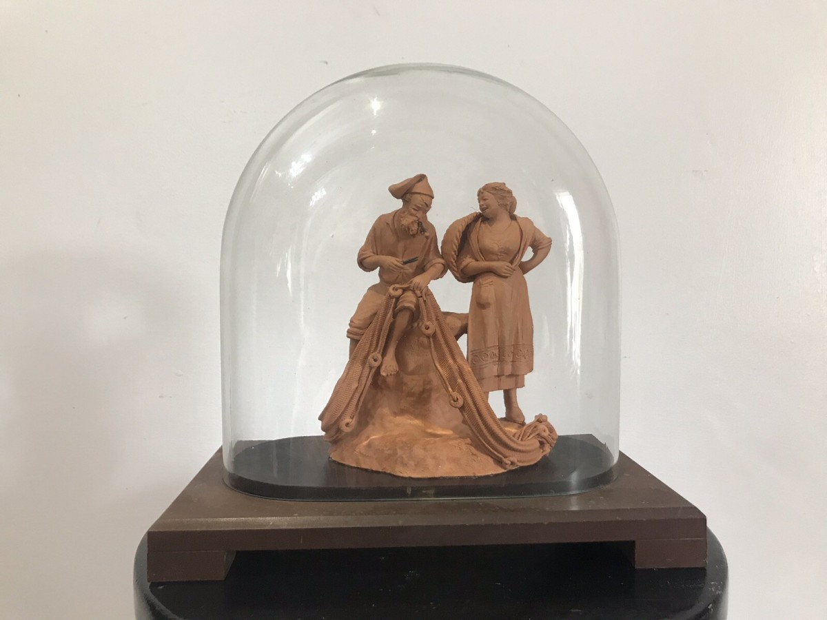 Primary image for Victorian Terracotta Sculpture ‘fisherman Mending His Net’ Signed S No Grasso