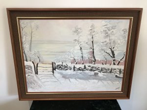 Original Oil On Canvas Snowscape By Artist M Newton (Claude Monet Inspiration) Snowy Landscape In At The Musée d’Orsay Paris And Originally Painted 1968-69 By Artist Claude Monet The Painting Was Entitled The Magpie As A Magpie Stood Upon The Snow Covered Gate This Stunning Reproduction Of The Original By Artist M Newton Painted In 1982 Has Lovely Detail And Texture Exceptionally Well Executed Solid Wood Frame With Hessian Boarder Beautiful Condition Dimensions In Inches Height 22” Width 28”