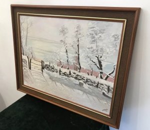 Original Oil On Canvas Snowscape By Artist M Newton (Claude Monet Inspiration) Snowy Landscape In At The Musée d’Orsay Paris And Originally Painted 1968-69 By Artist Claude Monet The Painting Was Entitled The Magpie As A Magpie Stood Upon The Snow Covered Gate This Stunning Reproduction Of The Original By Artist M Newton Painted In 1982 Has Lovely Detail And Texture Exceptionally Well Executed Solid Wood Frame With Hessian Boarder Beautiful Condition Dimensions In Inches Height 22” Width 28”
