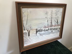 Original Oil On Canvas Snowscape By Artist M Newton (Claude Monet Inspiration) Snowy Landscape In At The Musée d’Orsay Paris And Originally Painted 1968-69 By Artist Claude Monet The Painting Was Entitled The Magpie As A Magpie Stood Upon The Snow Covered Gate This Stunning Reproduction Of The Original By Artist M Newton Painted In 1982 Has Lovely Detail And Texture Exceptionally Well Executed Solid Wood Frame With Hessian Boarder Beautiful Condition Dimensions In Inches Height 22” Width 28”