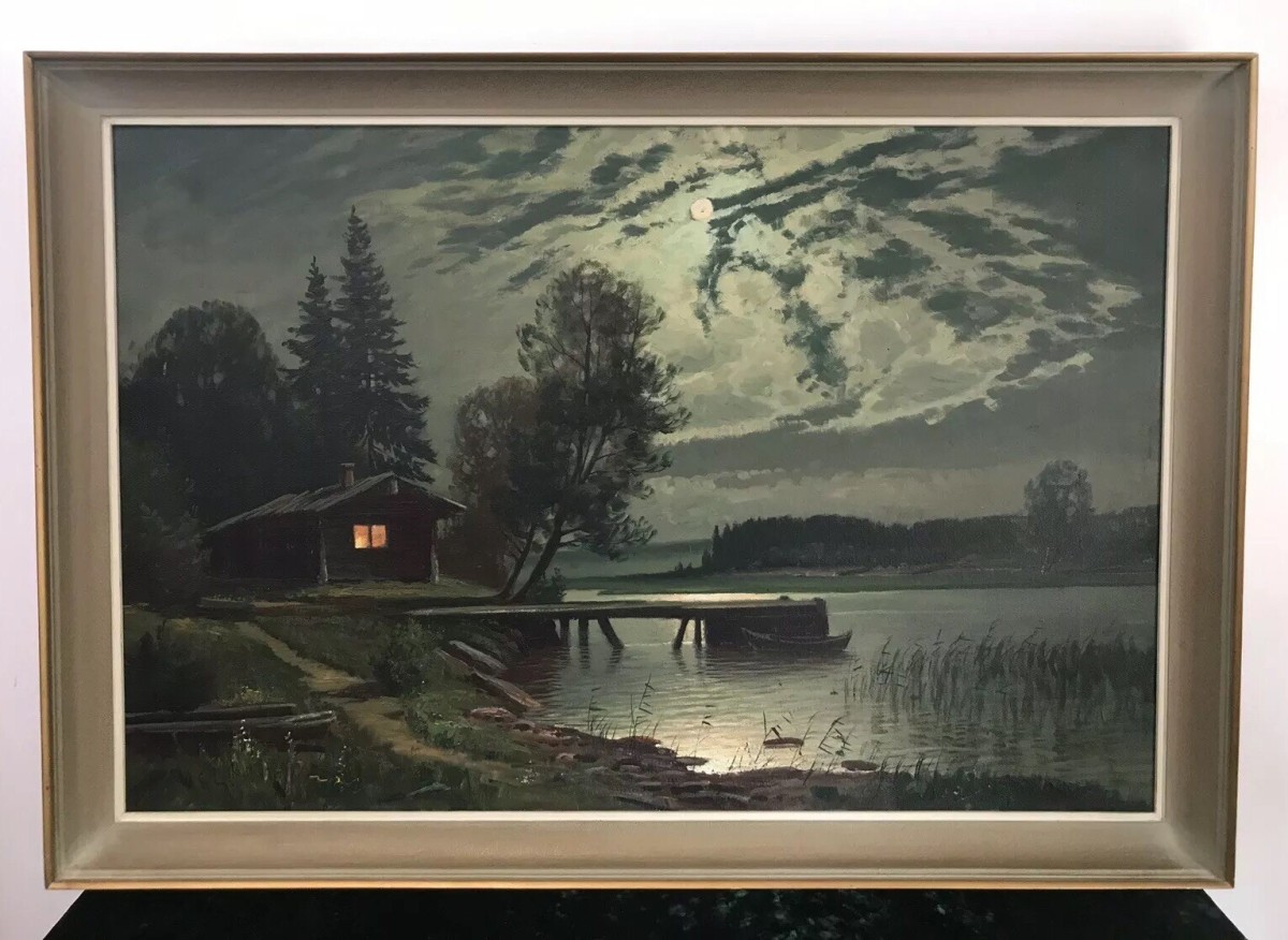 Primary image for Fine Art Swedish Oil On Canvas Landscape Moonlight On The River Signed By Artist