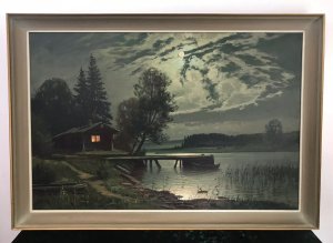 Fine Art Swedish Oil On Canvas Landscape Moonlight On The River Fine Perspective And Masterful Scene Composed By An Expert Painter Stunning Moon Lit Scene With Boat Jetty, Log Cabin And Stunning Rural Surroundings Reflections Of The Moon On The Water And Moon Lit Clouds Truly Breathtaking Artwork Log Cabin Window Glowing From Log Burning Fire Inside Lovely Wooden Frame Age Around 1930- 1950 Signed By Artist W S H But Unable To Find Artists Full Name Could Be A Well Known Artist Purchased From Private Collection Dimensions In Inches Height 30” Width 43”