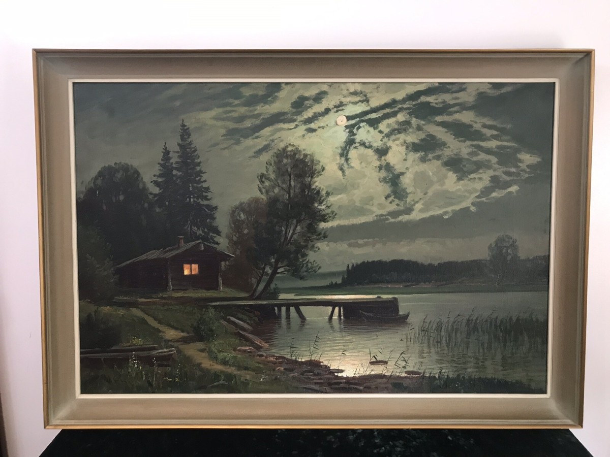 Fine Art Swedish Oil On Canvas Landscape Moonlight On The River Signed By Artist