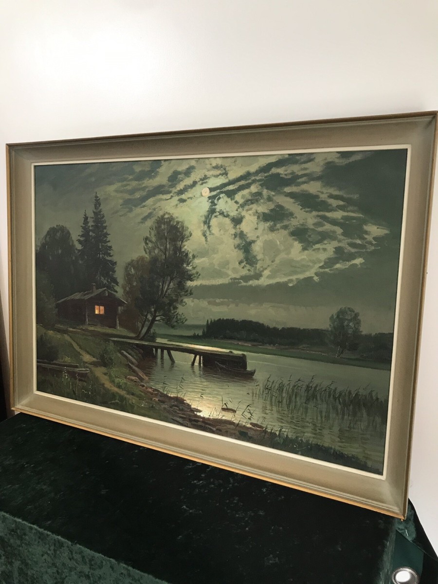 Fine Art Swedish Oil On Canvas Landscape Moonlight On The River Signed By Artist