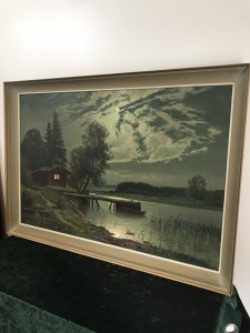 Fine Art Swedish Oil On Canvas Landscape Moonlight On The River Fine Perspective And Masterful Scene Composed By An Expert Painter Stunning Moon Lit Scene With Boat Jetty, Log Cabin And Stunning Rural Surroundings Reflections Of The Moon On The Water And Moon Lit Clouds Truly Breathtaking Artwork Log Cabin Window Glowing From Log Burning Fire Inside Lovely Wooden Frame Age Around 1930- 1950 Signed By Artist W S H But Unable To Find Artists Full Name Could Be A Well Known Artist Purchased From Private Collection Dimensions In Inches Height 30” Width 43”