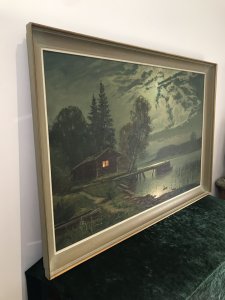 Fine Art Swedish Oil On Canvas Landscape Moonlight On The River Fine Perspective And Masterful Scene Composed By An Expert Painter Stunning Moon Lit Scene With Boat Jetty, Log Cabin And Stunning Rural Surroundings Reflections Of The Moon On The Water And Moon Lit Clouds Truly Breathtaking Artwork Log Cabin Window Glowing From Log Burning Fire Inside Lovely Wooden Frame Age Around 1930- 1950 Signed By Artist W S H But Unable To Find Artists Full Name Could Be A Well Known Artist Purchased From Private Collection Dimensions In Inches Height 30” Width 43”