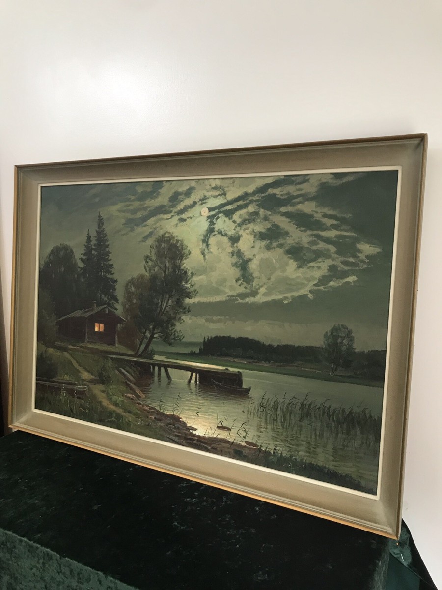 Fine Art Swedish Oil On Canvas Landscape Moonlight On The River Signed By Artist