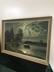 Fine Art Swedish Oil On Canvas Landscape Moonlight On The River Fine Perspective And Masterful Scene Composed By An Expert Painter Stunning Moon Lit Scene With Boat Jetty, Log Cabin And Stunning Rural Surroundings Reflections Of The Moon On The Water And Moon Lit Clouds Truly Breathtaking Artwork Log Cabin Window Glowing From Log Burning Fire Inside Lovely Wooden Frame Age Around 1930- 1950 Signed By Artist W S H But Unable To Find Artists Full Name Could Be A Well Known Artist Purchased From Private Collection Dimensions In Inches Height 30” Width 43”