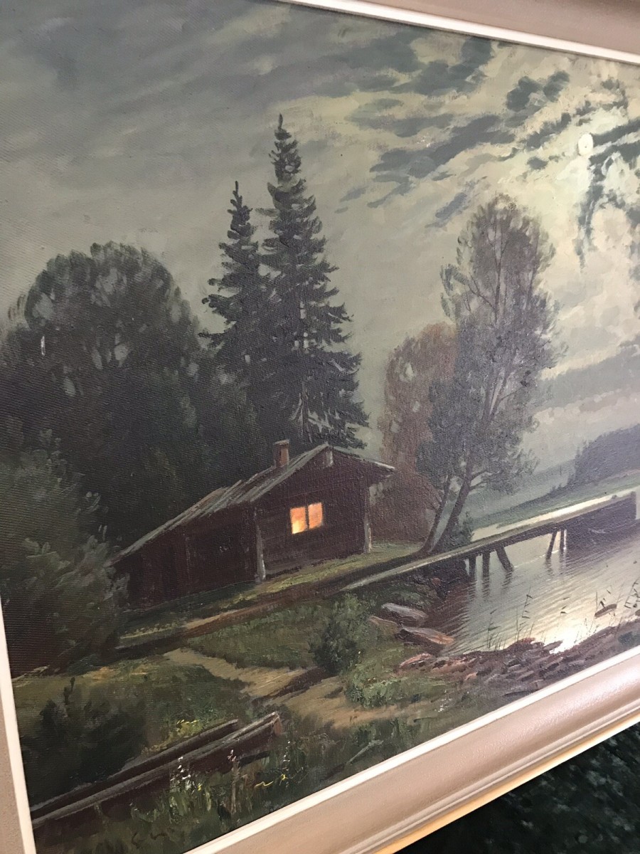 Fine Art Swedish Oil On Canvas Landscape Moonlight On The River Signed By Artist