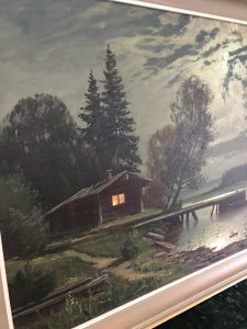 Fine Art Swedish Oil On Canvas Landscape Moonlight On The River Fine Perspective And Masterful Scene Composed By An Expert Painter Stunning Moon Lit Scene With Boat Jetty, Log Cabin And Stunning Rural Surroundings Reflections Of The Moon On The Water And Moon Lit Clouds Truly Breathtaking Artwork Log Cabin Window Glowing From Log Burning Fire Inside Lovely Wooden Frame Age Around 1930- 1950 Signed By Artist W S H But Unable To Find Artists Full Name Could Be A Well Known Artist Purchased From Private Collection Dimensions In Inches Height 30” Width 43”