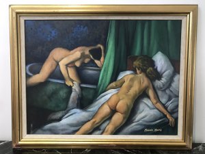 Nude Portrait Oil Painting Two Ladies In Boudoir By Artist Malcolm Morris Signed By Artist Vibrant Colours And Well Executed Art Work One Of A Large Collection Malcolm Morris Is Renowned For His Nude Painting And Sought After By Collectors Set In Guilt wood Frame Dimensions In Inches Height 22.5” Width 28”