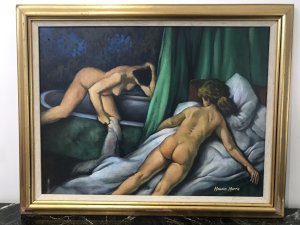 Nude Portrait Oil Painting Two Ladies In Boudoir By Artist Malcolm Morris Signed By Artist Vibrant Colours And Well Executed Art Work One Of A Large Collection Malcolm Morris Is Renowned For His Nude Painting And Sought After By Collectors Set In Guilt wood Frame Dimensions In Inches Height 22.5” Width 28”