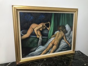 Nude Portrait Oil Painting Two Ladies In Boudoir By Artist Malcolm Morris Signed By Artist Vibrant Colours And Well Executed Art Work One Of A Large Collection Malcolm Morris Is Renowned For His Nude Painting And Sought After By Collectors Set In Guilt wood Frame Dimensions In Inches Height 22.5” Width 28”