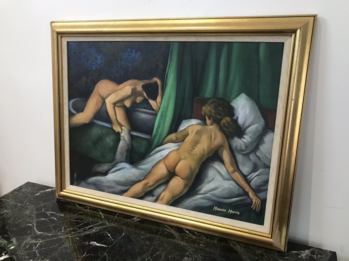 Nude Portrait Oil Painting Two Ladies In Boudoir By Artist Malcolm Morris