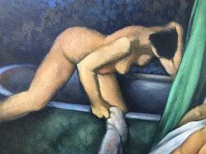 Nude Portrait Oil Painting Two Ladies In Boudoir By Artist Malcolm Morris Signed By Artist Vibrant Colours And Well Executed Art Work One Of A Large Collection Malcolm Morris Is Renowned For His Nude Painting And Sought After By Collectors Set In Guilt wood Frame Dimensions In Inches Height 22.5” Width 28”