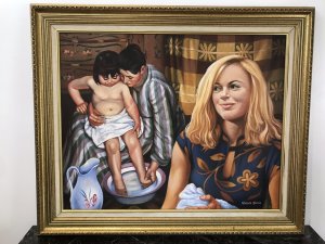 Oil On Canvas ‘Bath Time’ By Artist Malcolm Morris Original Work Of Art Investment Piece The Artist Malcolm Morris Died In 1999 And Is Renowned For His Stunning Compositions Malcolm Morris Is A Upcoming Name In South Wales With His Art Fetching High Prices In Auctions Now This Is A Classic Morris Family Painting Stunning Painting Of A Mother Watching The Father Bathe There Baby Girl Bright Colours Wonderful Scene Fine Detail Exceptionally Well Executed Oil On Canvas By Morris Guilt Frame Dimensions In Inches Height 30” Width 36”