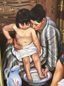 Oil On Canvas ‘Bath Time’ By Artist Malcolm Morris Original Work Of Art Investment Piece The Artist Malcolm Morris Died In 1999 And Is Renowned For His Stunning Compositions Malcolm Morris Is A Upcoming Name In South Wales With His Art Fetching High Prices In Auctions Now This Is A Classic Morris Family Painting Stunning Painting Of A Mother Watching The Father Bathe There Baby Girl Bright Colours Wonderful Scene Fine Detail Exceptionally Well Executed Oil On Canvas By Morris Guilt Frame Dimensions In Inches Height 30” Width 36”