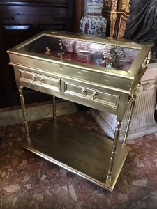 Fine Vintage Elegance French Guiltwood Bijouterie Cabinet Lift Up Display Glass Lid With Two Drawers Solid Wood Car-case WithTurned And Ornate Carved Motifs On Each End Lower Platform Display Area Was Purchased From A Jewellery Shop In Paris Which Was Sadly Closing Dimensions In Inches Height 40.5” Width 34” Depth 19” Display Top 17” x 32” Bottom Shelf Display Area Depth 19.5” Length 35.5”
