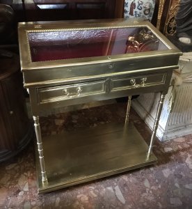 Fine Vintage Elegance French Guiltwood Bijouterie Cabinet Lift Up Display Glass Lid With Two Drawers Solid Wood Car-case WithTurned And Ornate Carved Motifs On Each End Lower Platform Display Area Was Purchased From A Jewellery Shop In Paris Which Was Sadly Closing Dimensions In Inches Height 40.5” Width 34” Depth 19” Display Top 17” x 32” Bottom Shelf Display Area Depth 19.5” Length 35.5”