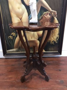 Vintage Reproduction Elm Clover Shaped Top Centre Table Ornate Carved Centre Pedestal Legs With A Carved Podium With Scroll Feet Stunning Patina Signs Of Wear On The Top Conducive To Age Shown In Pictures Fragile Delicate Ladies Table Dimensions In Inches Height 29” Width 24” (Table Top) Base Legs 16” Square