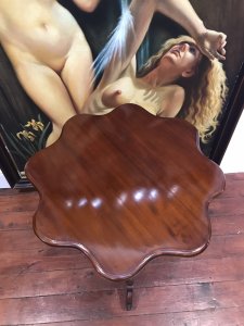 Vintage Reproduction Elm Clover Shaped Top Centre Table Ornate Carved Centre Pedestal Legs With A Carved Podium With Scroll Feet Stunning Patina Signs Of Wear On The Top Conducive To Age Shown In Pictures Fragile Delicate Ladies Table Dimensions In Inches Height 29” Width 24” (Table Top) Base Legs 16” Square