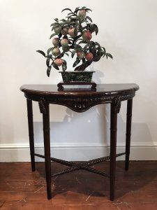 Rare Ships Maritime Nautical Captains Table Demi Lune Shaped Rope Edge Table With Stretchers In The Form Of Maritime Ropes Hand Carved With Concealed Drawer In The Front Unique Table Made From Cuban Mahogany French Polished Stunning Quality Finish Weight Approx 15Kg Dimensions In Inches Height 29.5” Width 35” Depth 17.5”
