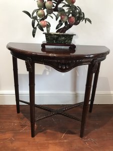 Rare Ships Maritime Nautical Captains Table Demi Lune Shaped Rope Edge Table With Stretchers In The Form Of Maritime Ropes Hand Carved With Concealed Drawer In The Front Unique Table Made From Cuban Mahogany French Polished Stunning Quality Finish Weight Approx 15Kg Dimensions In Inches Height 29.5” Width 35” Depth 17.5”