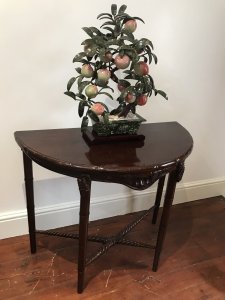 Rare Ships Maritime Nautical Captains Table Demi Lune Shaped Rope Edge Table With Stretchers In The Form Of Maritime Ropes Hand Carved With Concealed Drawer In The Front Unique Table Made From Cuban Mahogany French Polished Stunning Quality Finish Weight Approx 15Kg Dimensions In Inches Height 29.5” Width 35” Depth 17.5”