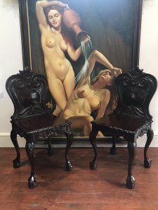 Fine Pair Regency Style Carved Elm Classical Hall Seats