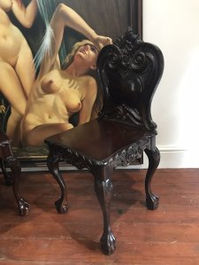 Fine Pair Regency Style Carved Elm Hall Seats Ornate Acanthus Leaf Carvings On Backs And Sides Cabriole Legs With Stunning Claw And Ball Feet Heavy Quality Antique Reproductions Intricate Carvings All Around Highly Polished Patina Craftsman Made Dimensions In Inches Height 37” Width 16” Depth 19.5”